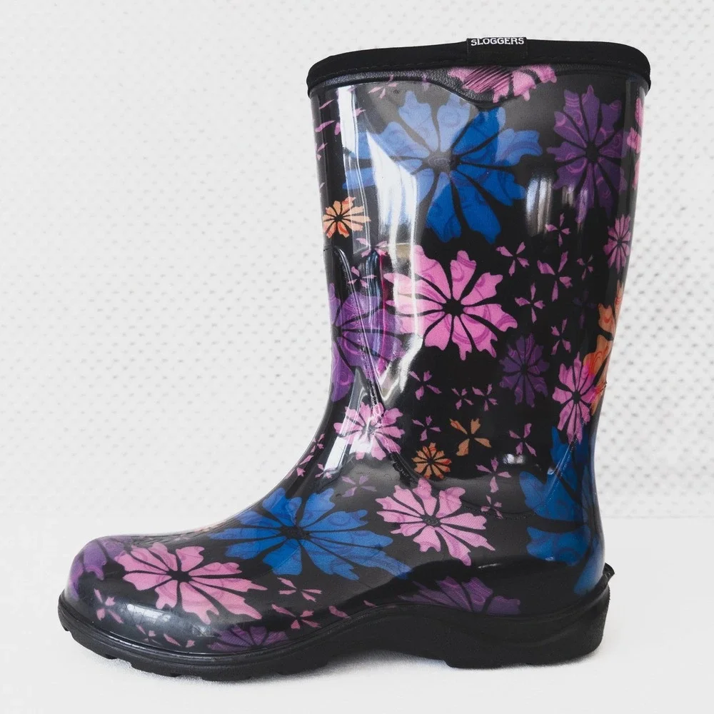 Sloggers‎ Rain Boots Women Size 7 Black Floral Waterproof Garden Mid Calf Boots